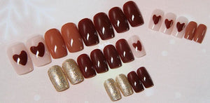Maroon Glitter Heart Artificial Nail Kit - 24pcs