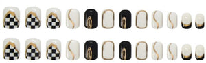 Nailamour Black-White Checkered with Gold Detail Artificial Nail Kit - 24pcs
