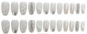 Long Embellished White Marble Artificial Nail Kit
