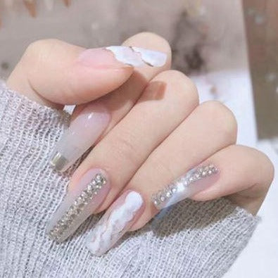 Long Embellished White Marble Artificial Nail Kit