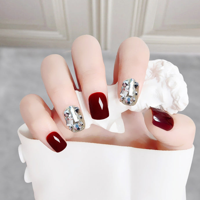 Maroon Rhinestone Artificial Nail Kit - 24pcs