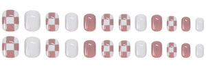 Nailamour Dusky Pink & White Checkered Artificial Nail Kit - 24pcs